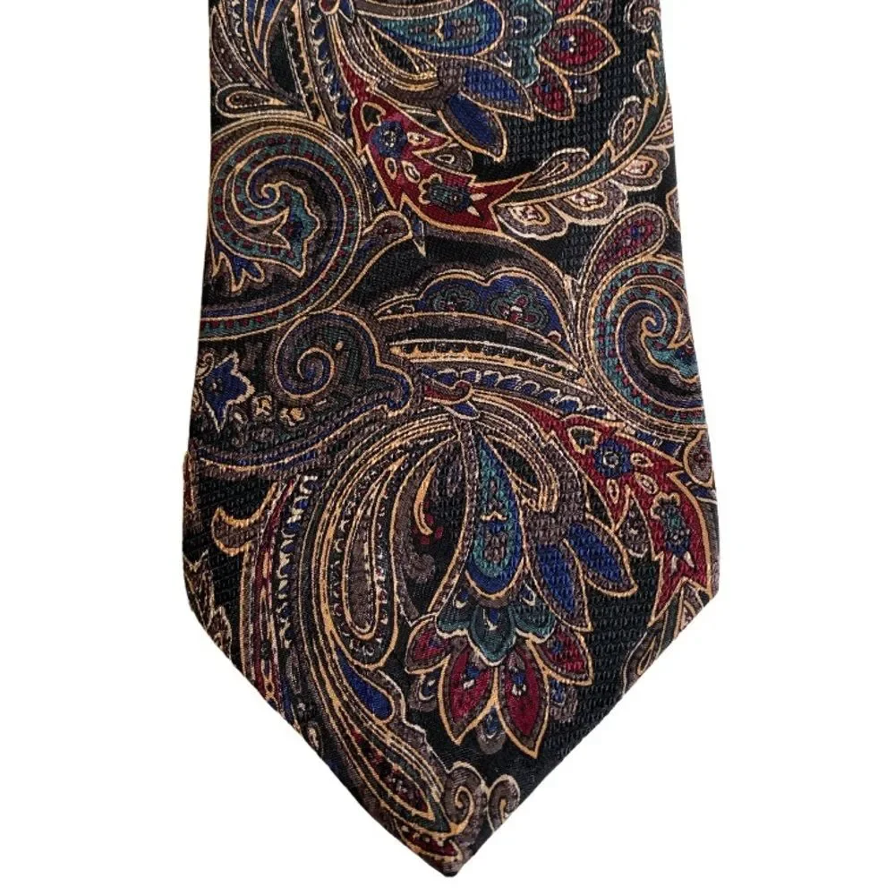 J. Riggins Hunting Horn Silk Paisley Neck Tie Black Brown Red Blue Made in USA